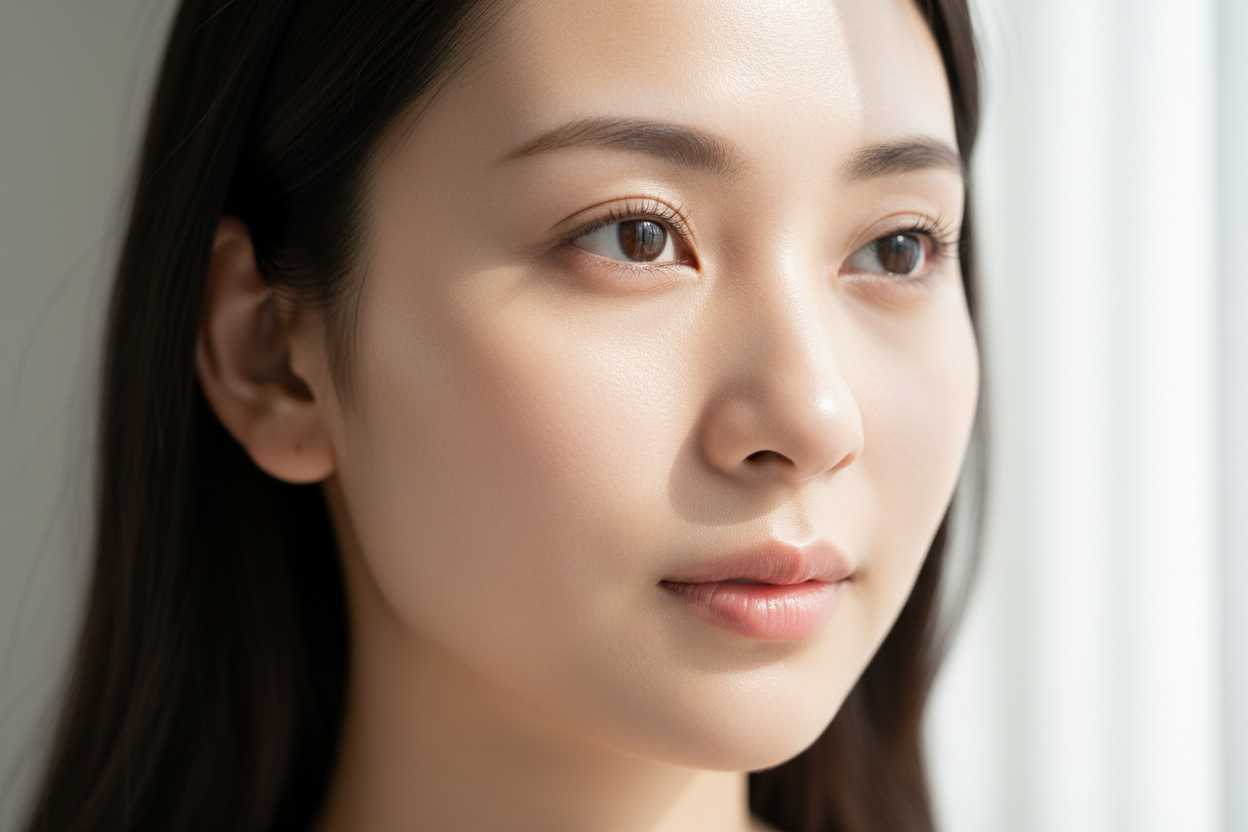 日本人のナチュラルなヘルシー肌のクローズアップ